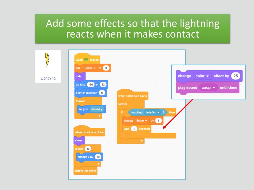 Add some effects so that the lightning reacts when it makes contact