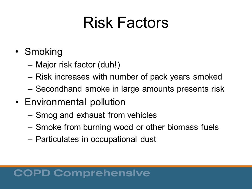 Risk Factors Smoking Environmental pollution Major risk factor (duh!)
