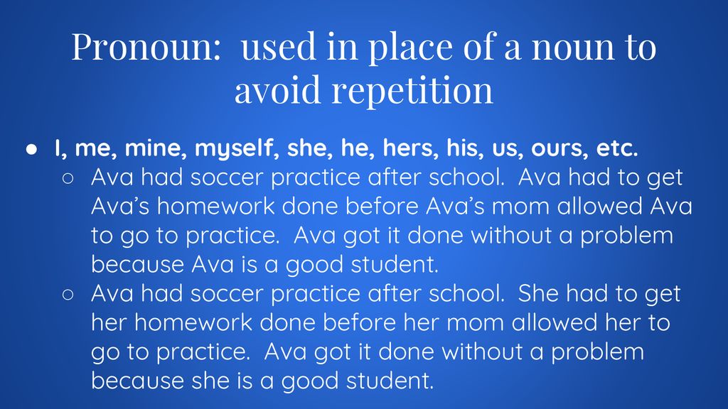 Pronoun: used in place of a noun to avoid repetition