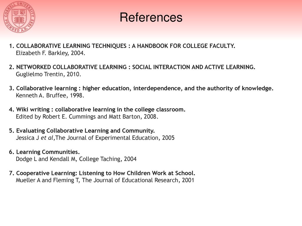References 1. COLLABORATIVE LEARNING TECHNIQUES : A HANDBOOK FOR COLLEGE FACULTY. Elizabeth F. Barkley,