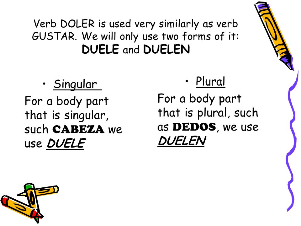 For a body part that is plural, such as DEDOS, we use DUELEN Singular