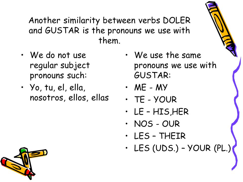 Another similarity between verbs DOLER and GUSTAR is the pronouns we use with them.