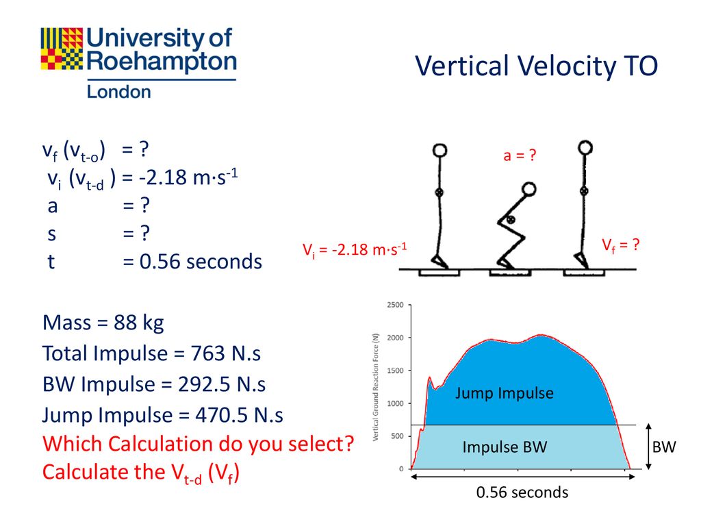 Vertical Velocity To Vf Vt O Vi Vt D M S 1 A S T 0 56 Seconds Mass Kg Total Impulse 763 N S Bw Impulse N S Jump Ppt Download