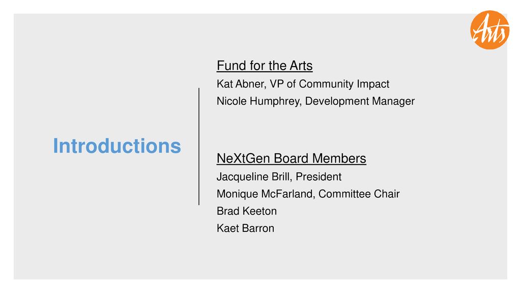 Introductions Fund for the Arts NeXtGen Board Members