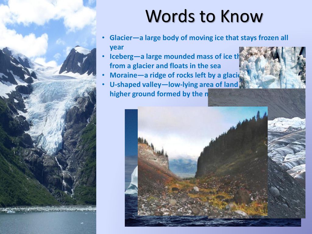 Words to Know Glacier—a large body of moving ice that stays frozen all year.