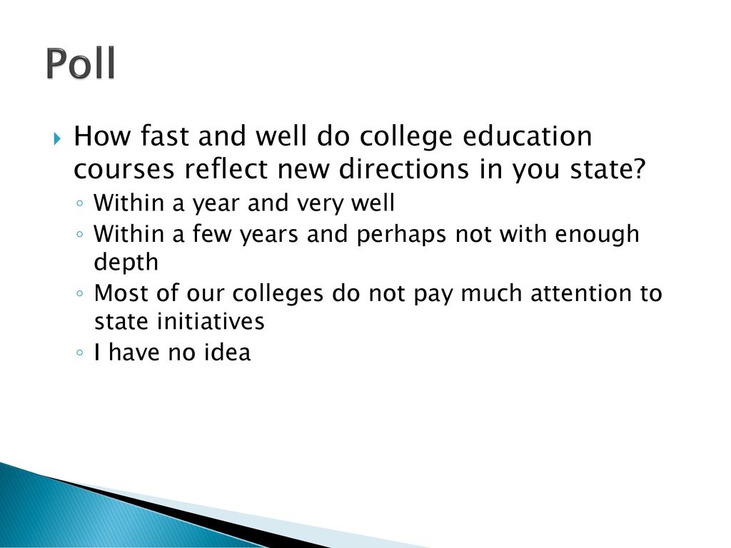 Poll How fast and well do college education courses reflect new directions in you state Within a year and very well.
