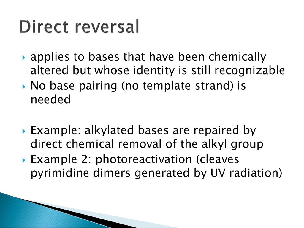 Direct reversal applies to bases that have been chemically altered but whose identity is still recognizable.