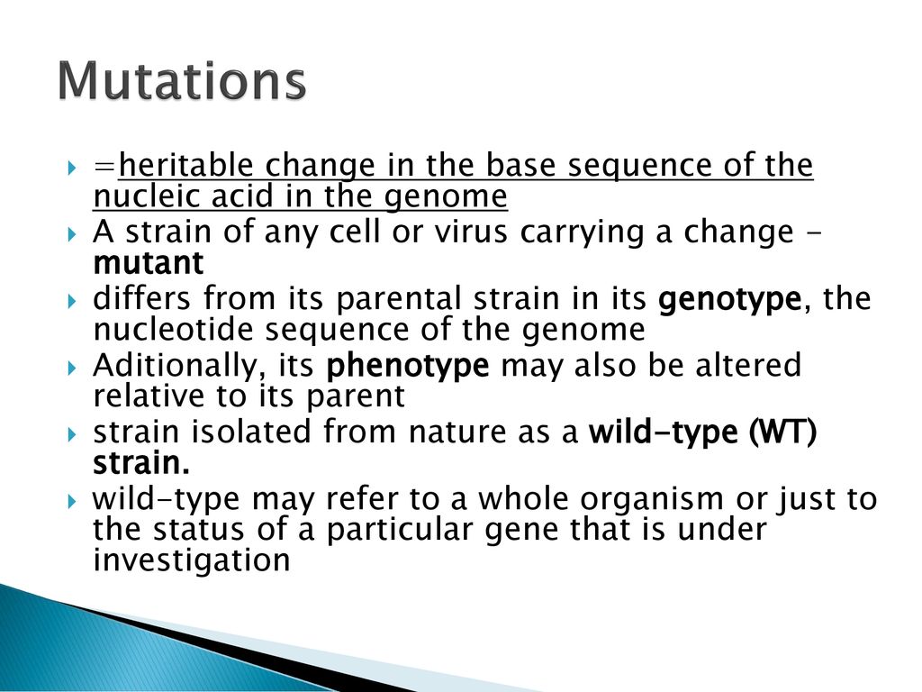Mutations =heritable change in the base sequence of the nucleic acid in the genome. A strain of any cell or virus carrying a change - mutant.
