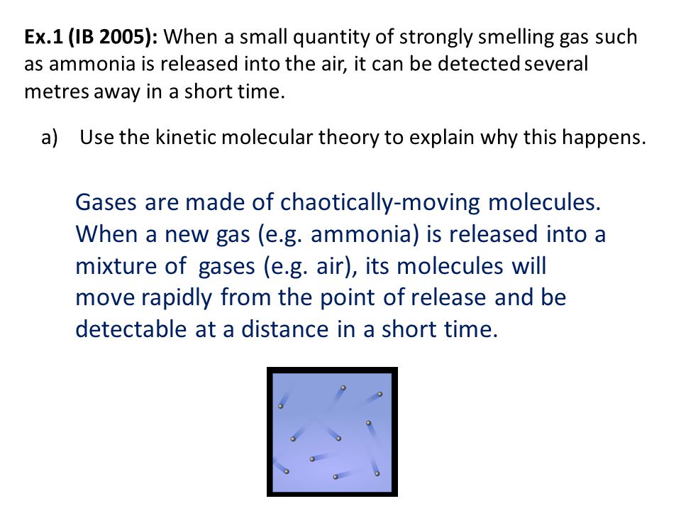 Ex.1 (IB 2005): When a small quantity of strongly smelling gas such as ammonia is released into the air, it can be detected several metres away in a short time.