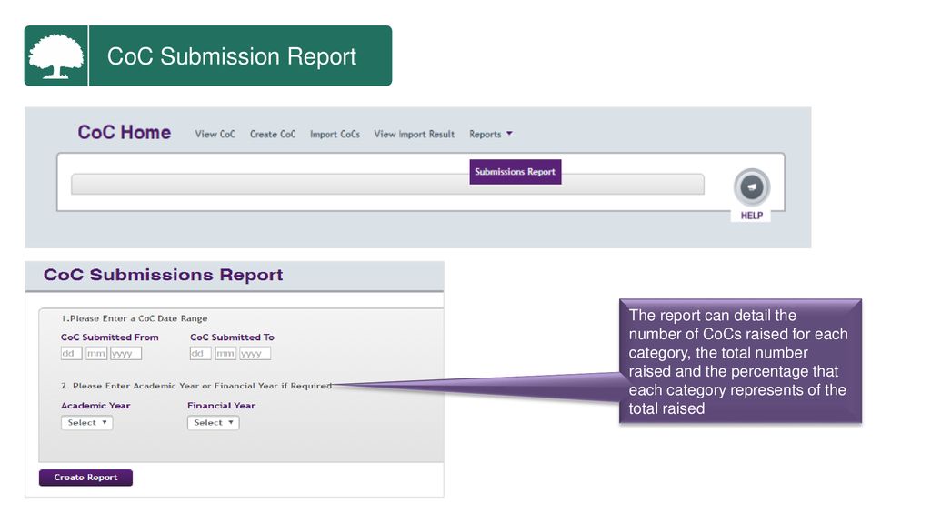 CoC Submission Report The report can detail the