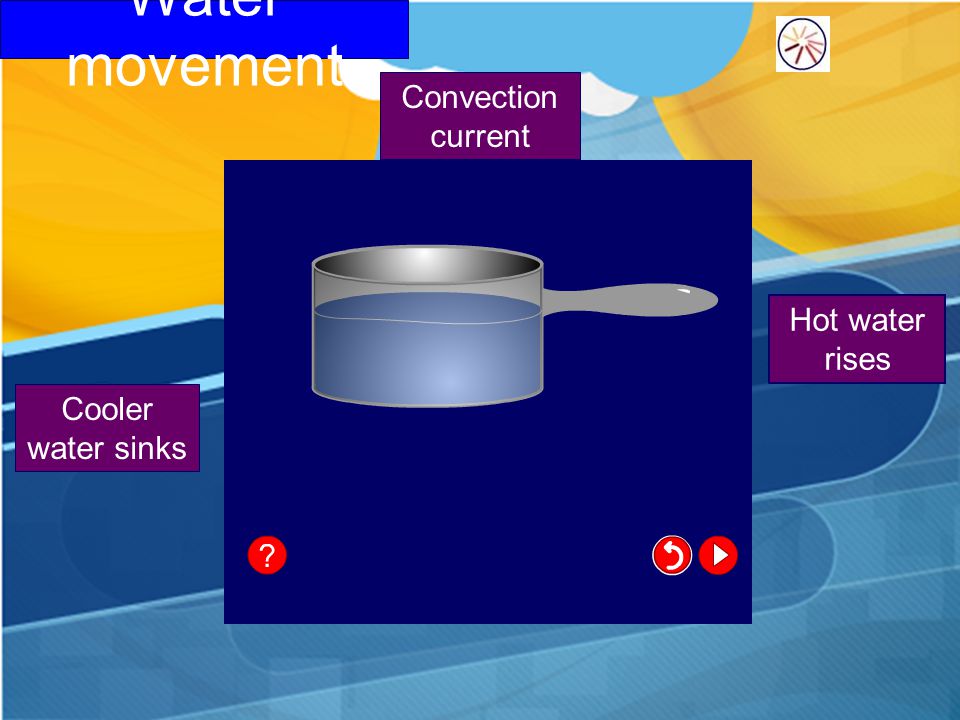 Water movement Convection current Hot water rises Cooler water sinks