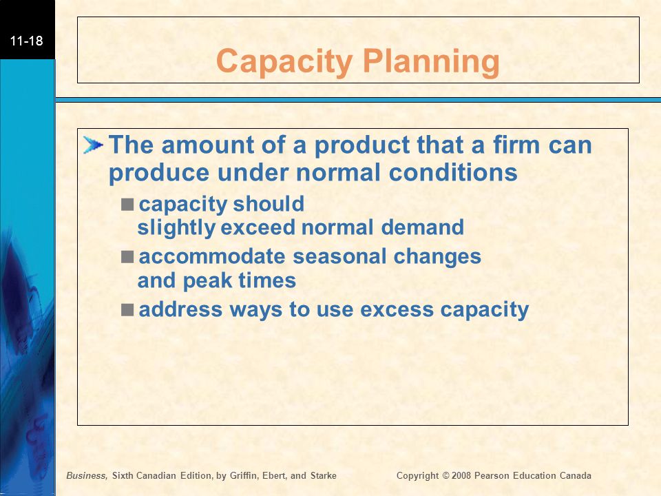 Capacity Planning The amount of a product that a firm can produce under normal conditions. capacity should slightly exceed normal demand.