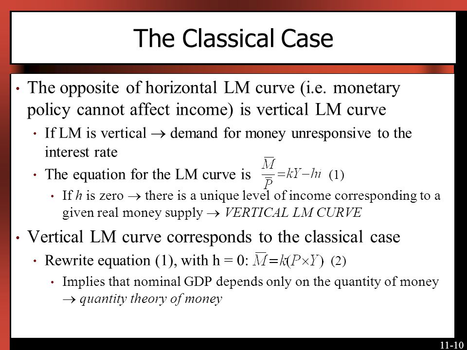 The Classical Case The opposite of horizontal LM curve (i.e. monetary policy cannot affect income) is vertical LM curve.