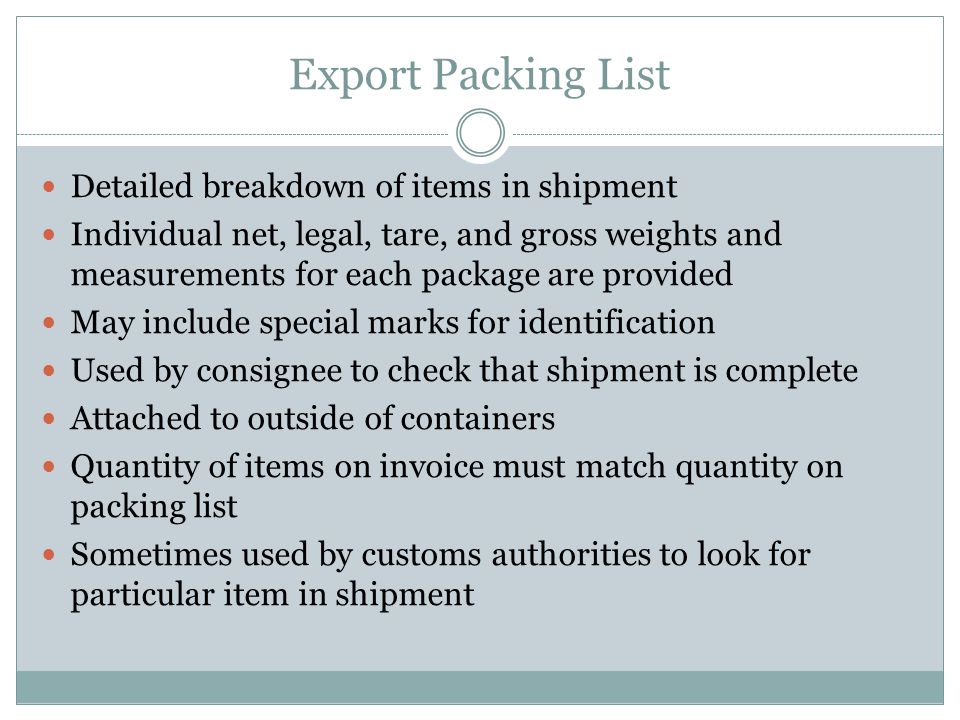 Export Packing List Detailed breakdown of items in shipment