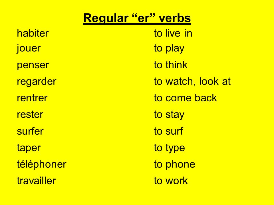 Regular er verbs habiter to live in jouer to play penser to think.