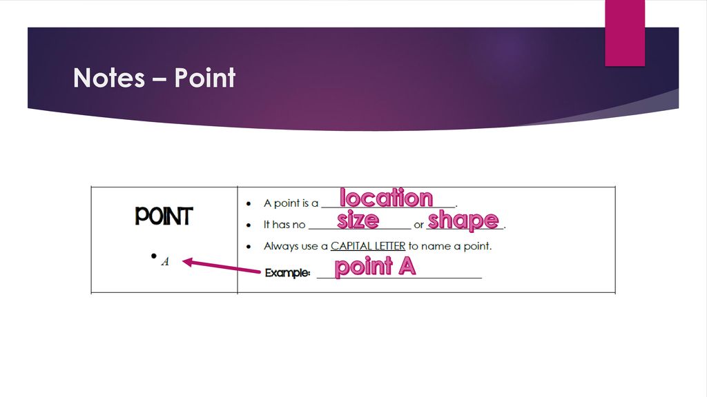 Notes – Point location size shape point A