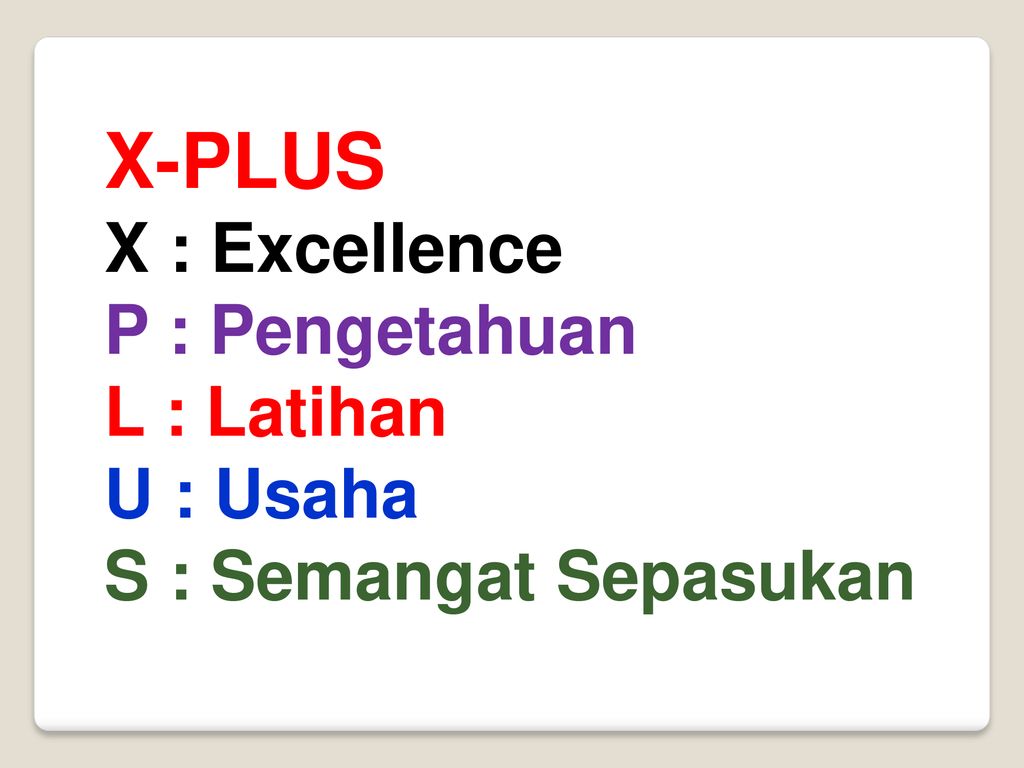 X-PLUS X : Excellence P : Pengetahuan L : Latihan U : Usaha