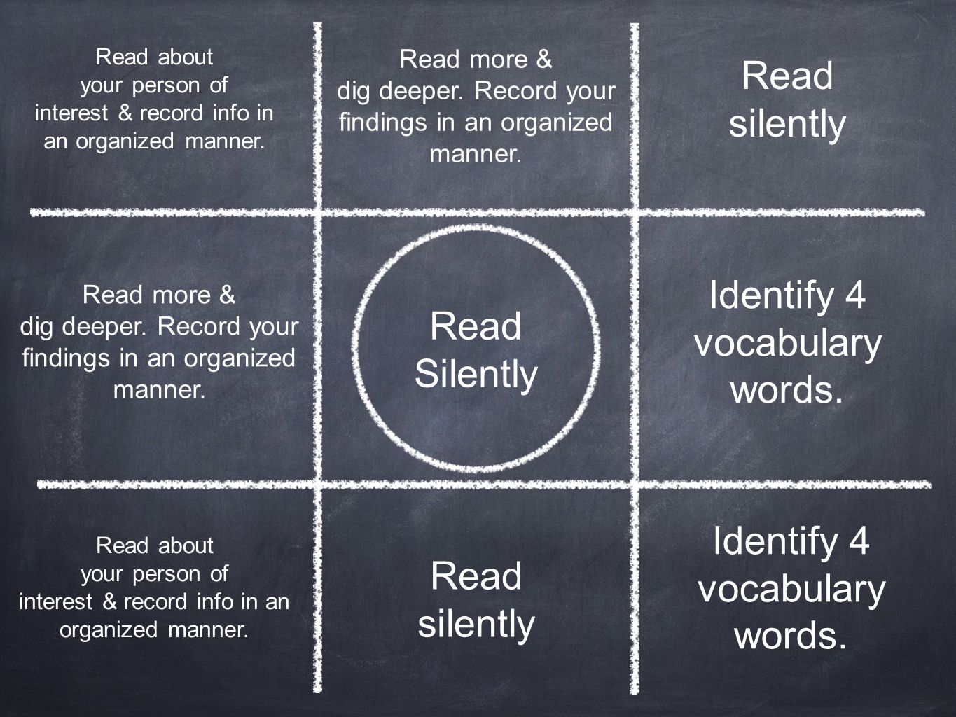 Identify 4 vocabulary words. Read Silently