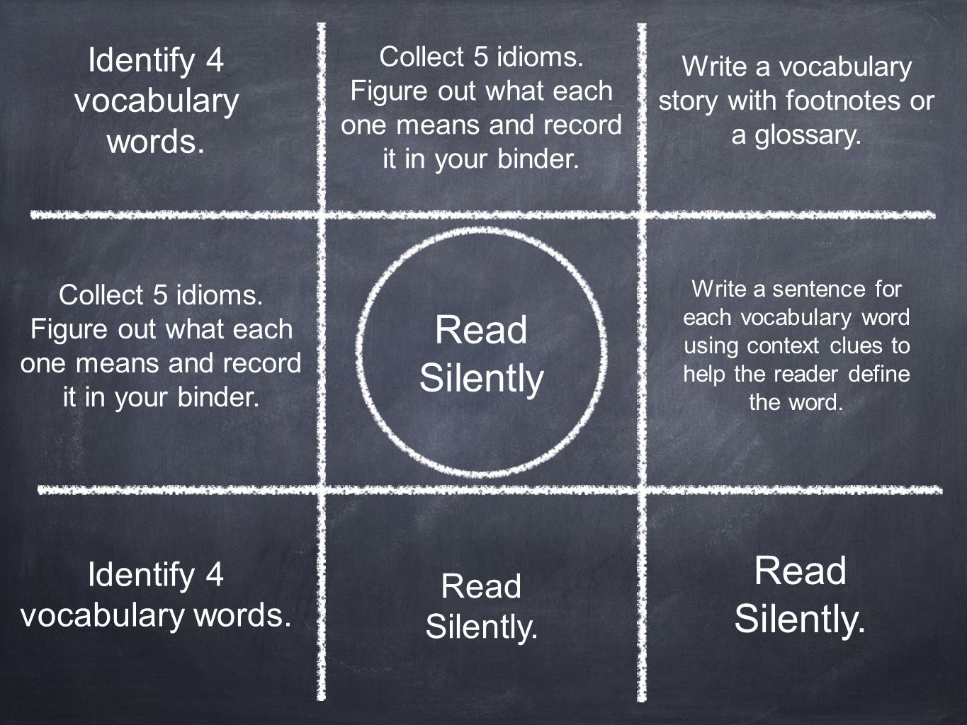 Read Silently Read Silently. Identify 4 vocabulary words.