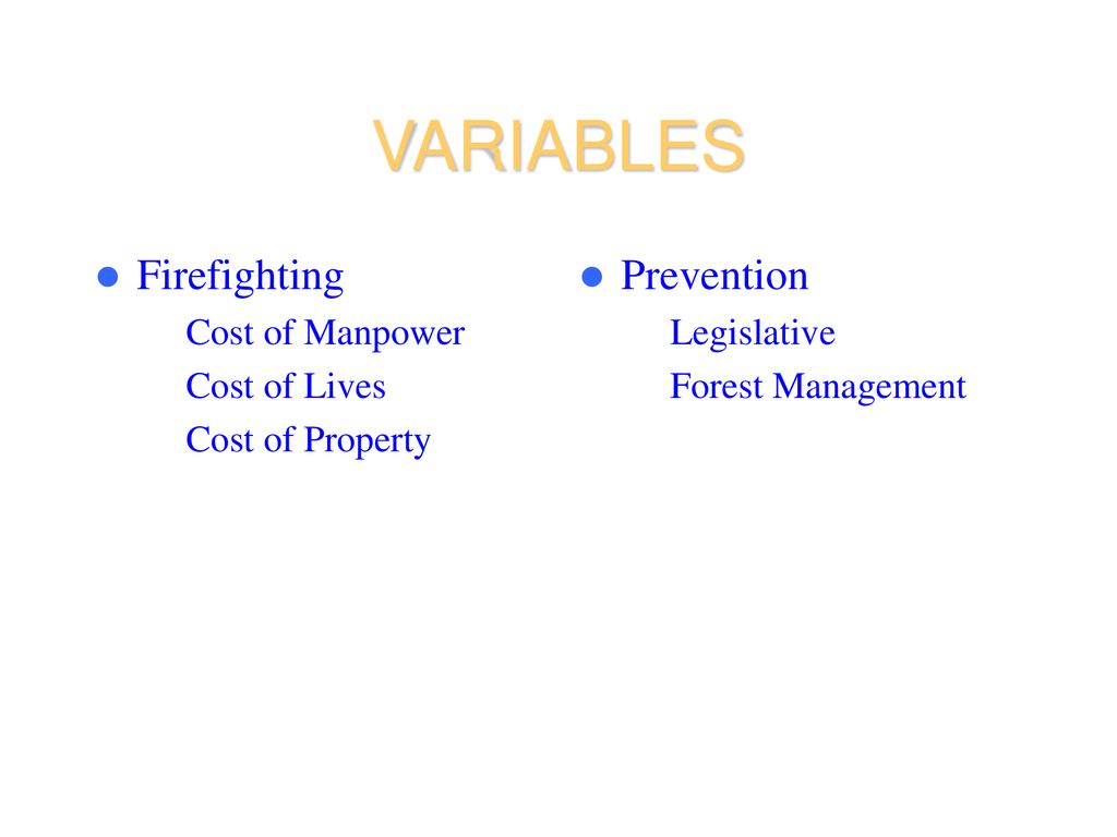 VARIABLES Firefighting Prevention Cost of Manpower Cost of Lives