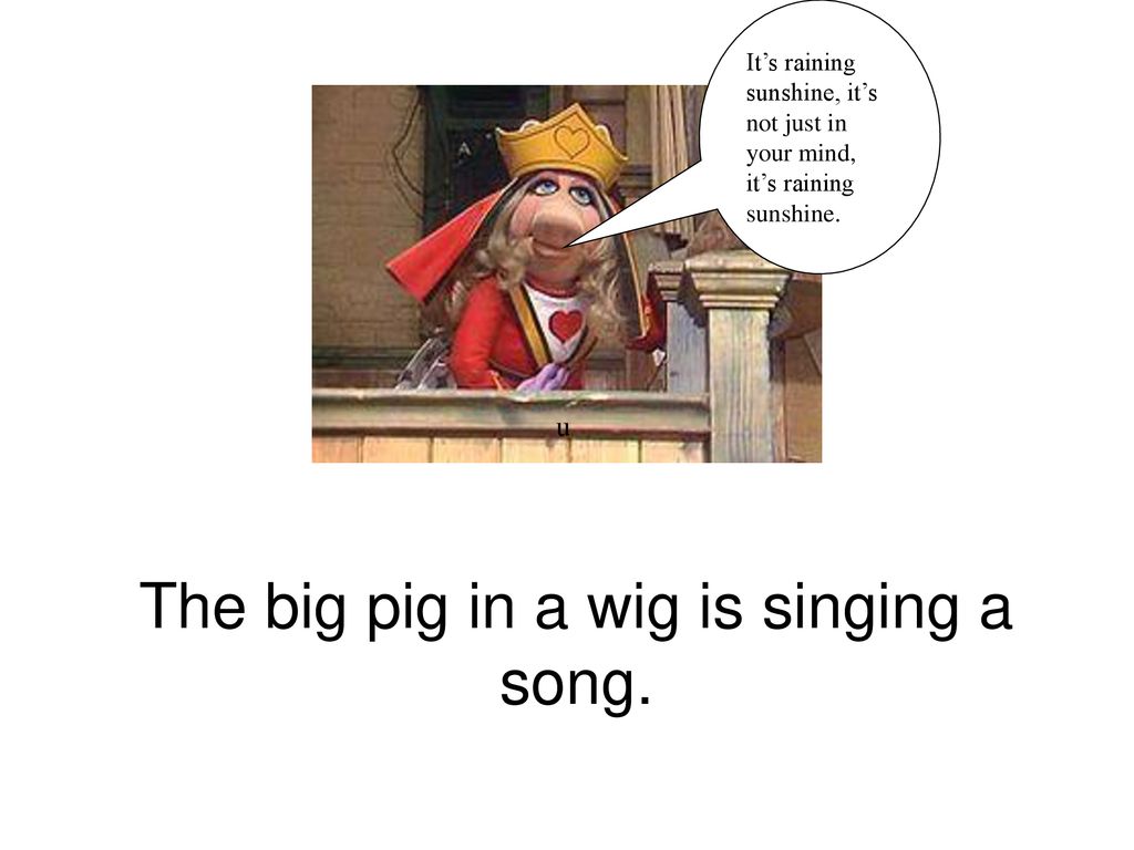 The big pig in a wig is singing a song.