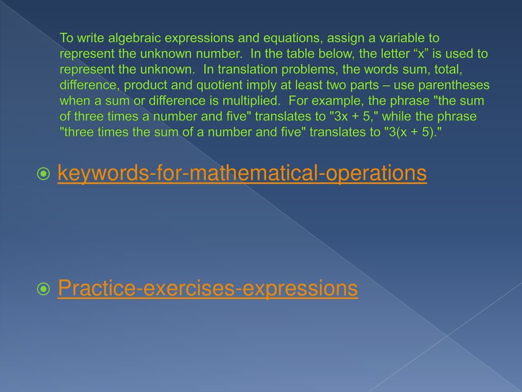 Expression An Expression Is A Mathematical Phrase That Stands For A Single Number For Example 3x 1 Is An Expression Whose Value Is Three Times Ppt Download