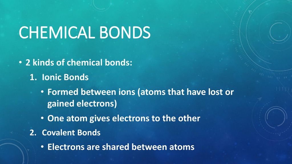 Chemical Bonds 2 kinds of chemical bonds: Ionic Bonds