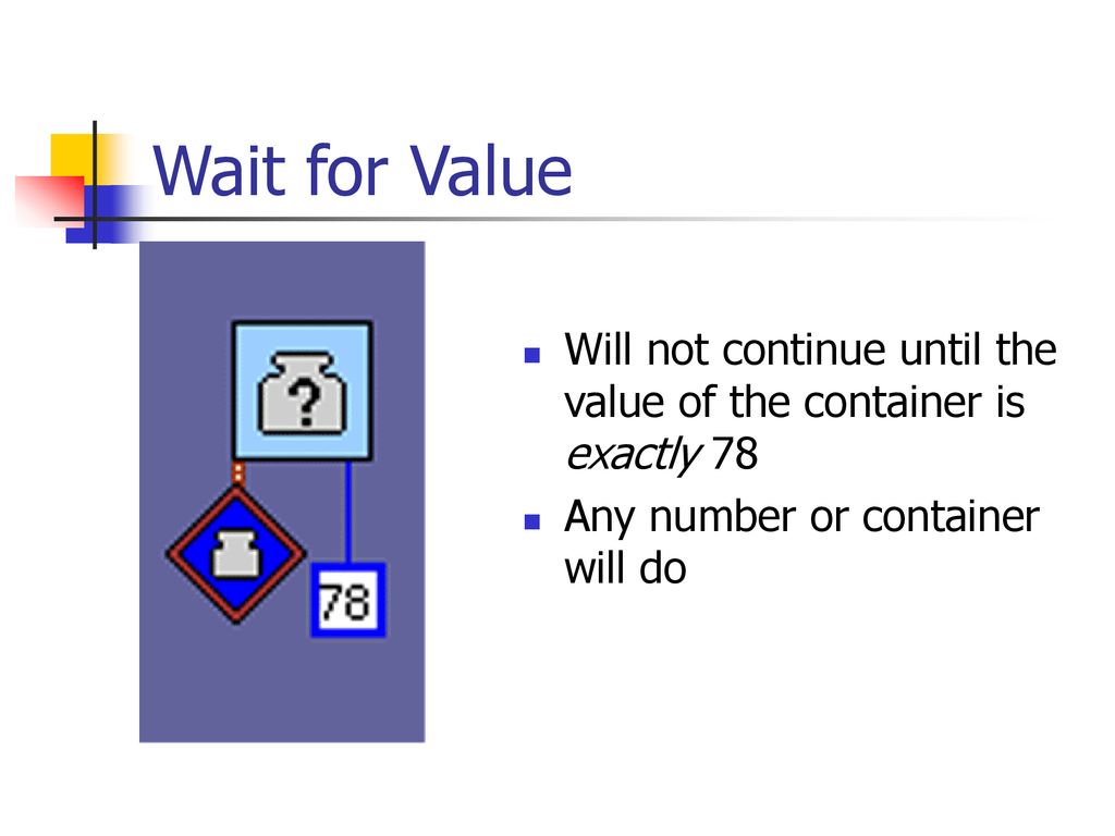 Wait for Value Will not continue until the value of the container is exactly 78.