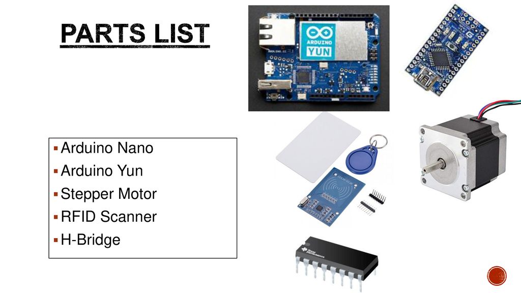 Parts List Arduino Nano Arduino Yun Stepper Motor RFID Scanner