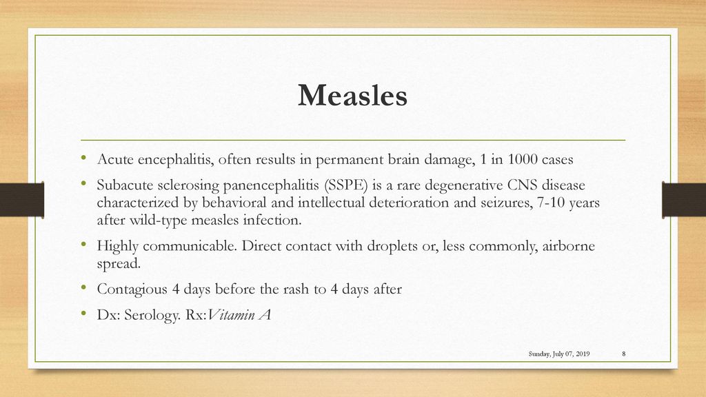 Measles Acute encephalitis, often results in permanent brain damage, 1 in 1000 cases.