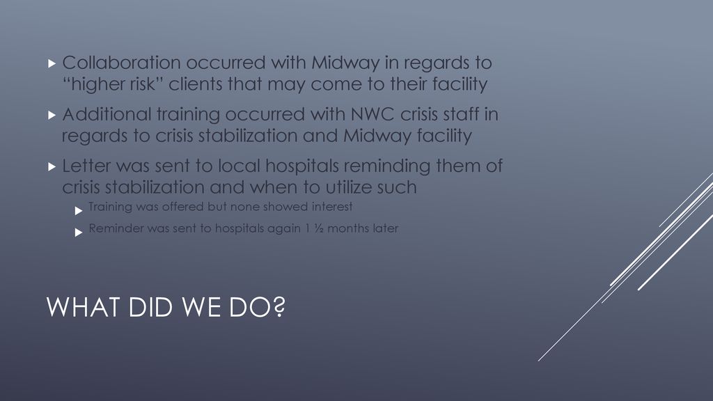 Collaboration occurred with Midway in regards to higher risk clients that may come to their facility