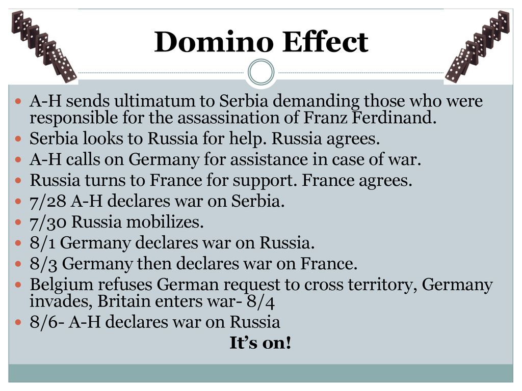 Domino Effect A-H sends ultimatum to Serbia demanding those who were responsible for the assassination of Franz Ferdinand.