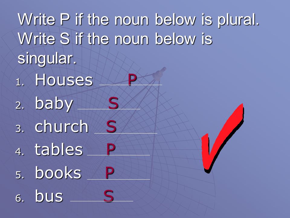 Write P if the noun below is plural
