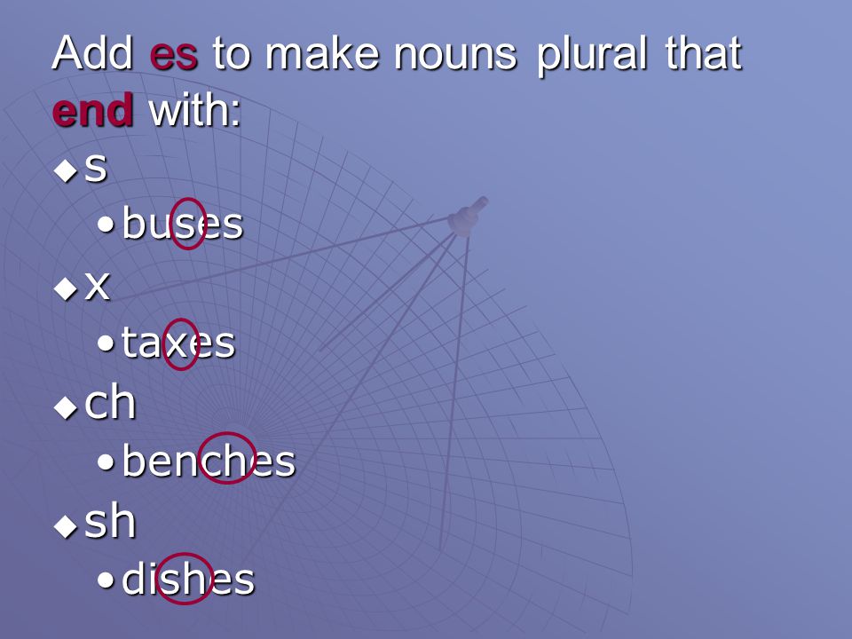 Add es to make nouns plural that end with: