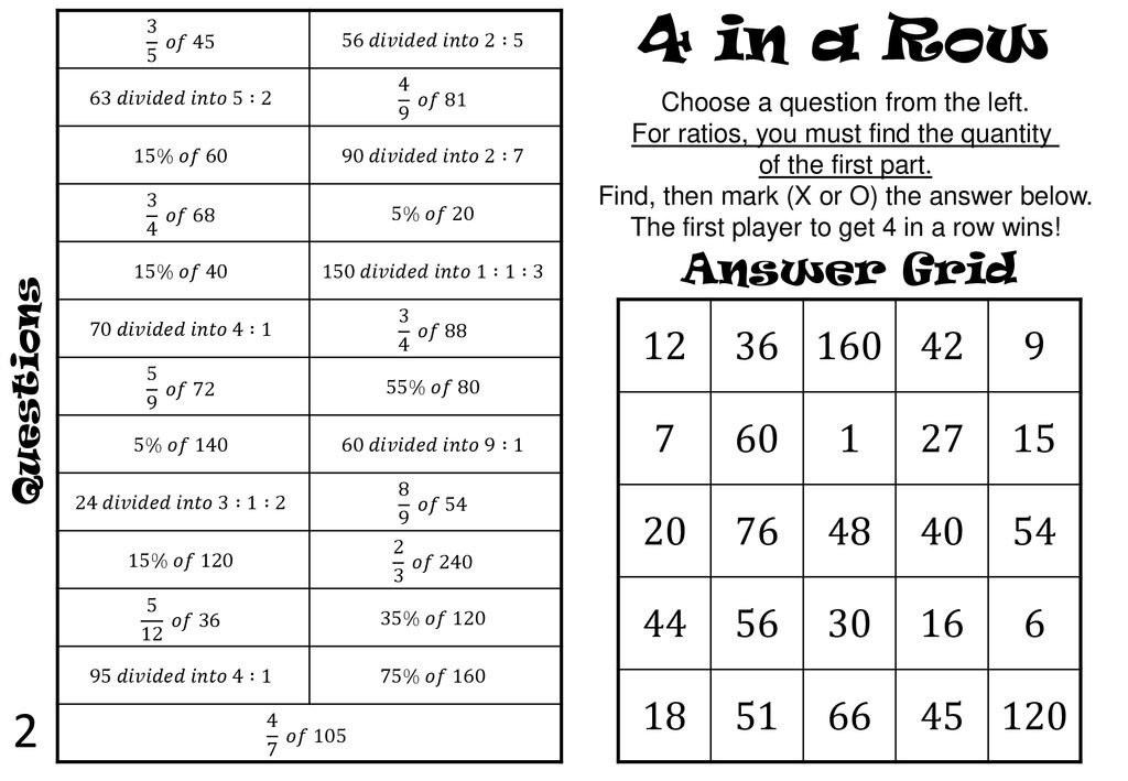Fractions Percentages Ratios Of Quantities Four In A Row Ppt Download