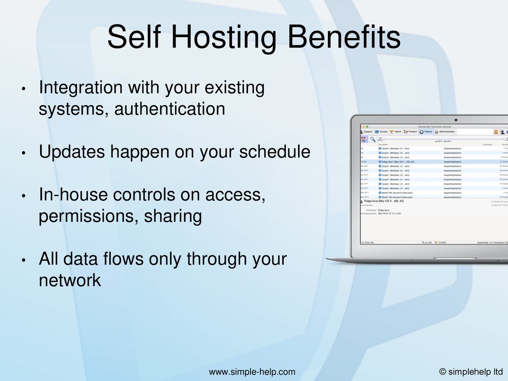 Self Hosting Benefits Integration with your existing systems, authentication. Updates happen on your schedule.