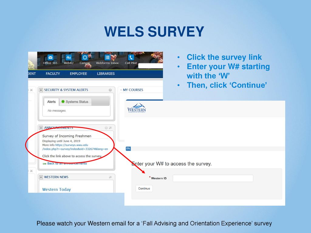 WELS SURVEY Click the survey link Enter your W# starting with the ‘W’