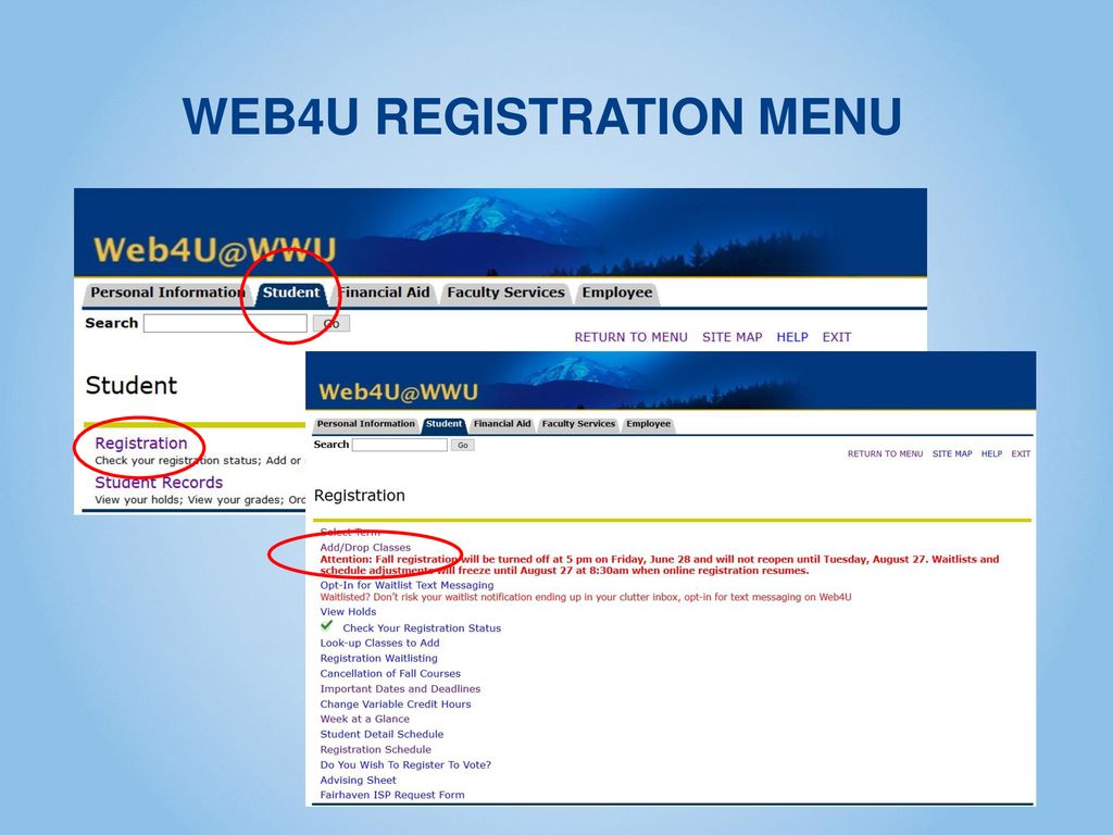 WEB4U REGISTRATION MENU
