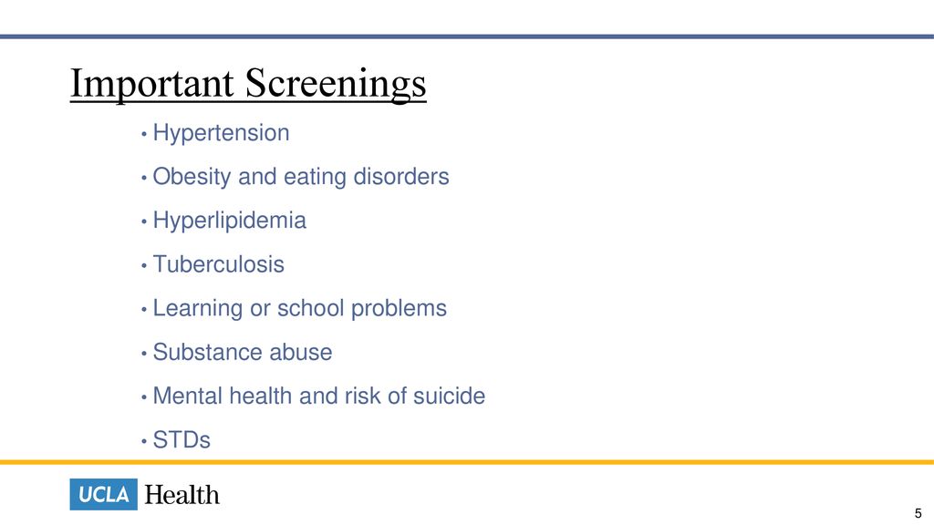 Important Screenings Hypertension Obesity and eating disorders