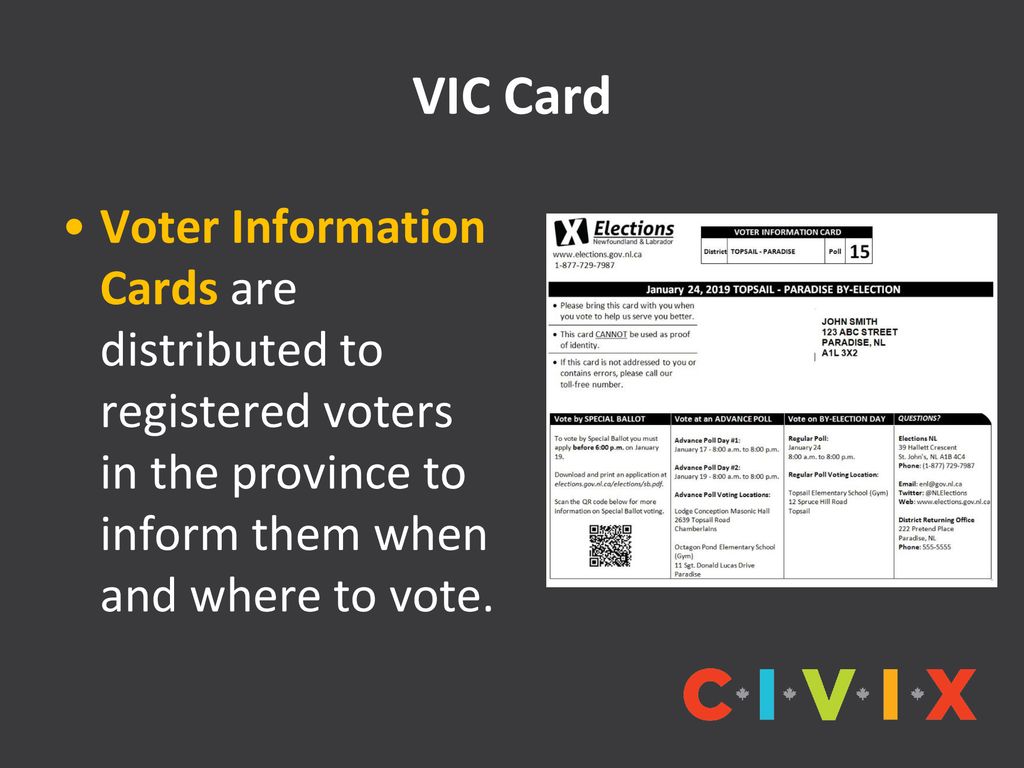 VIC Card Voter Information Cards are distributed to registered voters in the province to inform them when and where to vote.