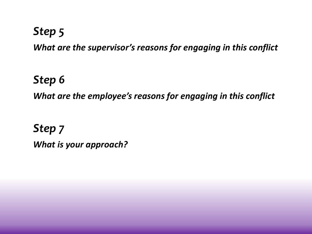 Step 5 What are the supervisor’s reasons for engaging in this conflict. Step 6. What are the employee’s reasons for engaging in this conflict.