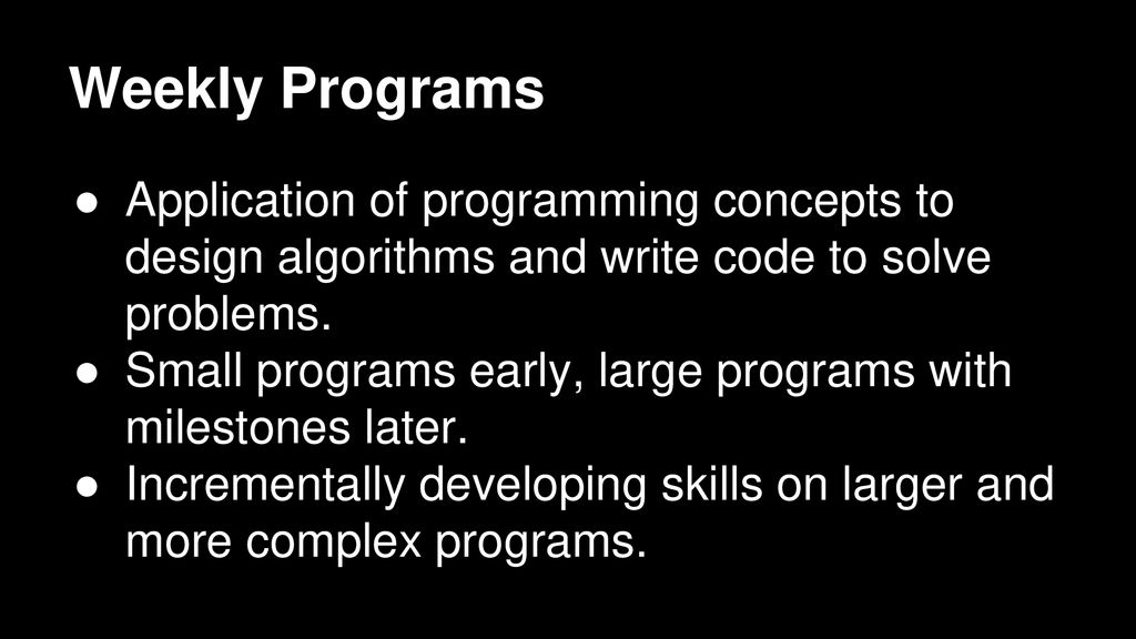 Weekly Programs Application of programming concepts to design algorithms and write code to solve problems.