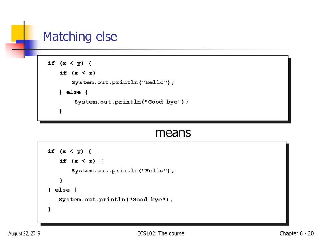 Matching else means if (x < y) { if (x < z)