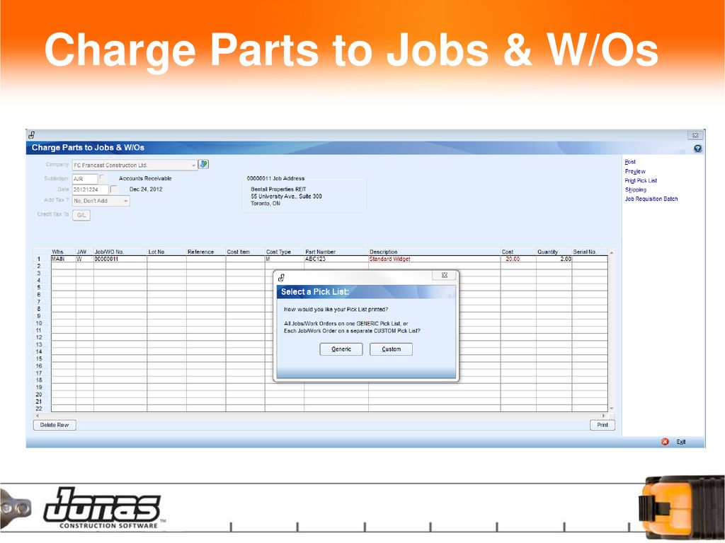 Charge Parts to Jobs & W/Os