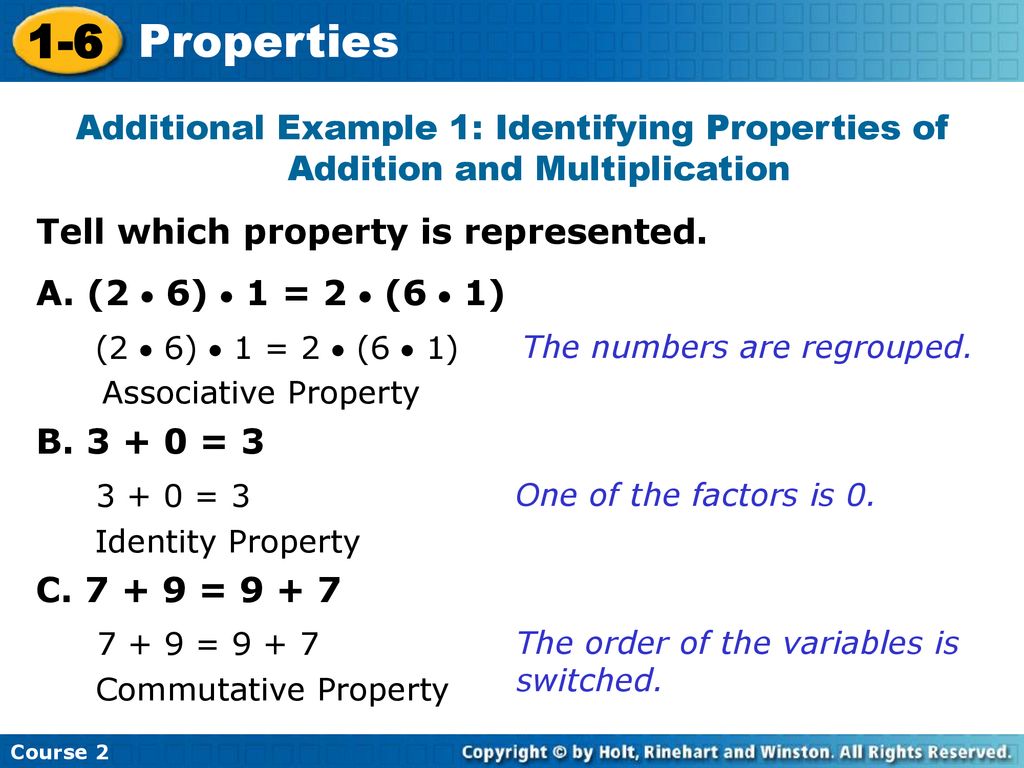 1-6 Properties Warm Up Problem of the Day Lesson Presentation Course ...
