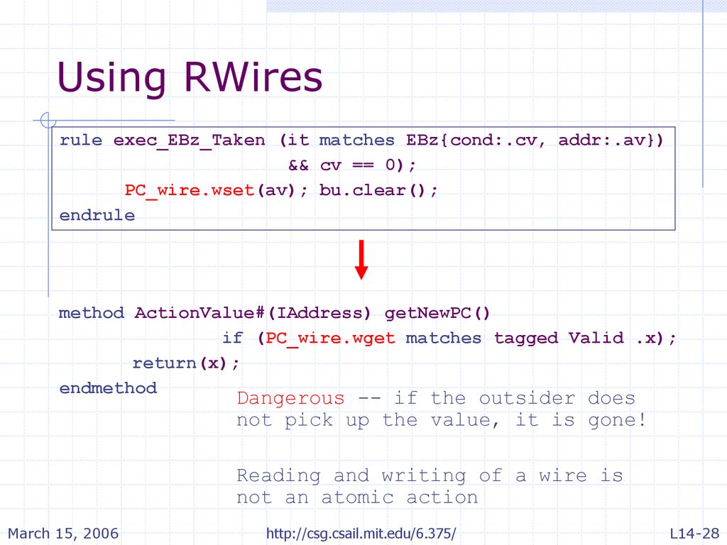 Using RWires rule exec_EBz_Taken (it matches EBz{cond:.cv, addr:.av}) && cv == 0); PC_wire.wset(av); bu.clear();