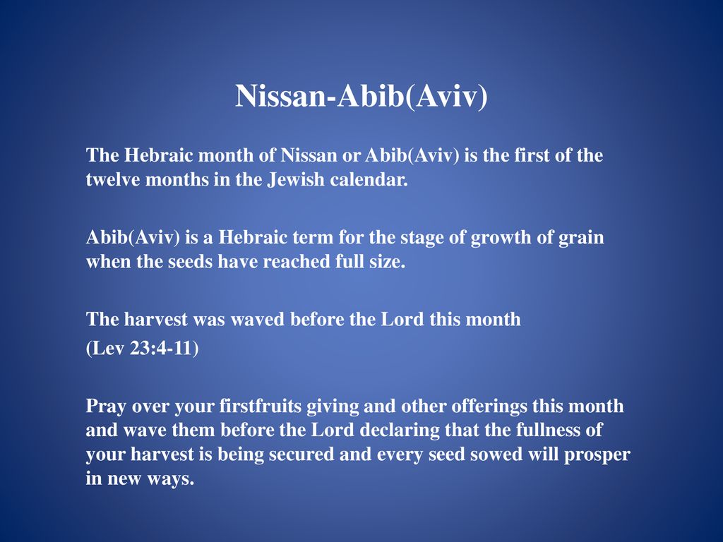 NissanAbib(Aviv) The Hebraic month of Nissan or Abib(Aviv) is the