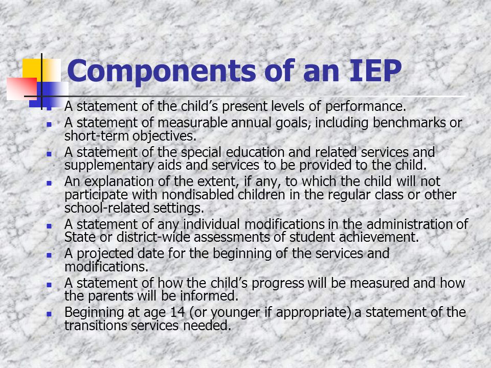 Components of an IEP A statement of the child’s present levels of performance.