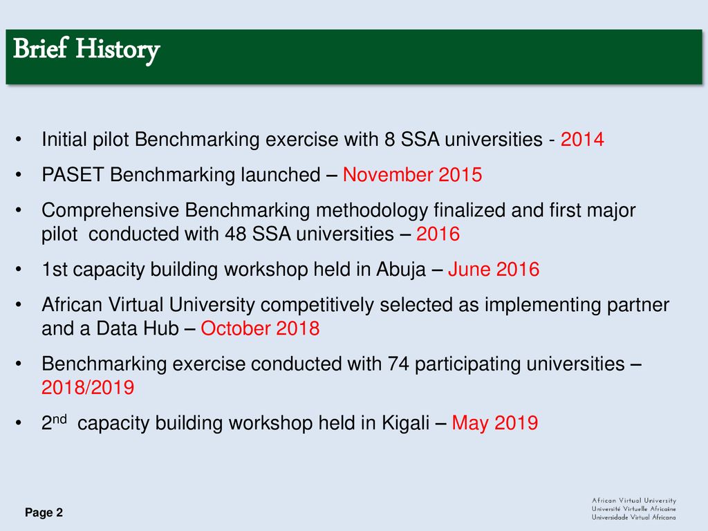 Brief History Initial pilot Benchmarking exercise with 8 SSA universities PASET Benchmarking launched – November
