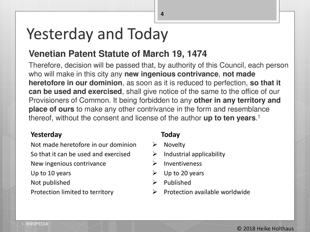 Yesterday and Today Venetian Patent Statute of March 19, 1474